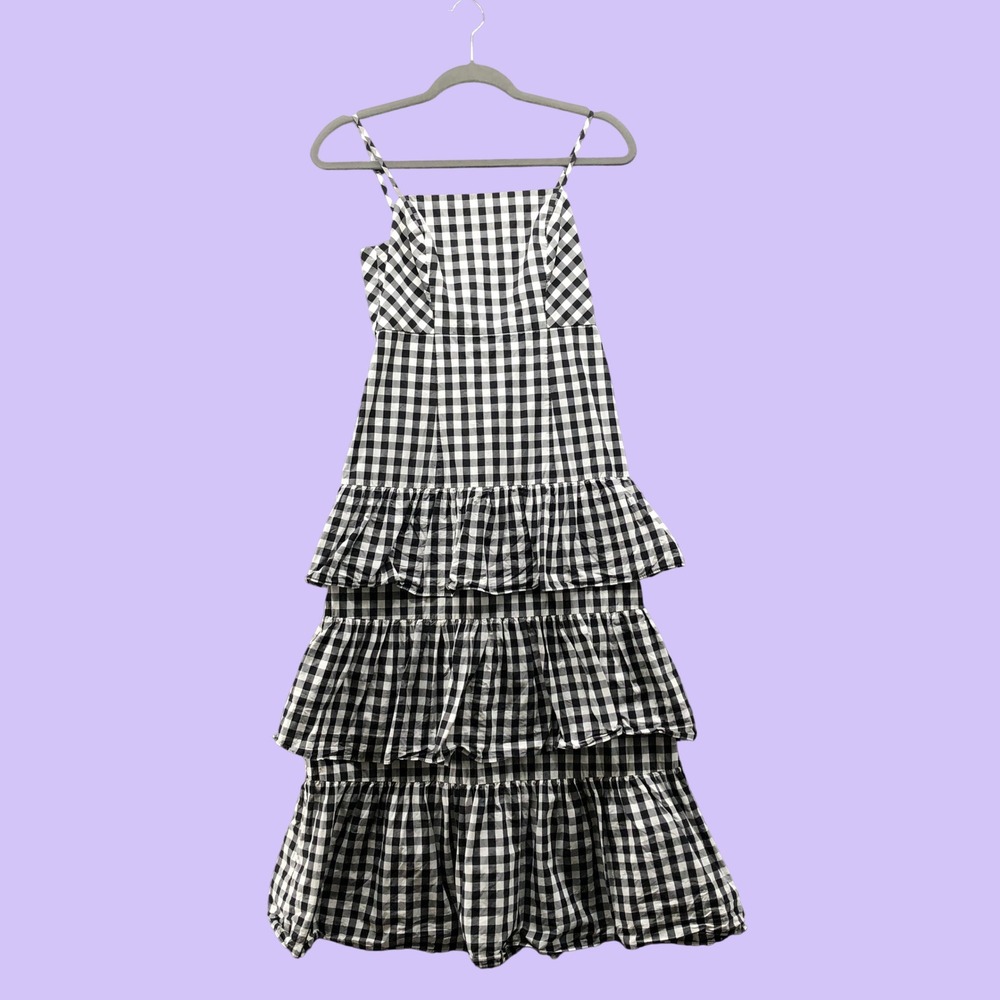 JCrew Gingham Tiered Midi Dress Black White Check Cami Strap Cottagecore 0P